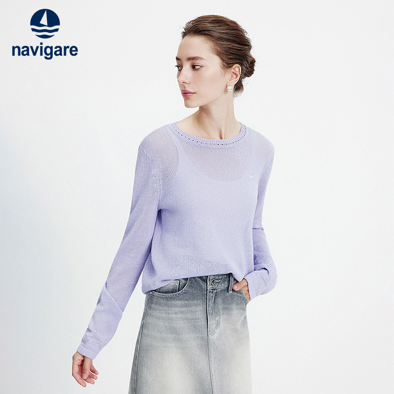 Navigare意大利小帆船紫色圆领针织衫女2026春季薄款打底衫罩衫