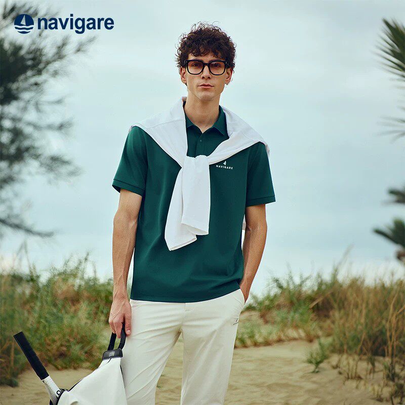 Navigare小帆船户外短袖Polo衫男夏季新款墨绿色翻领T恤