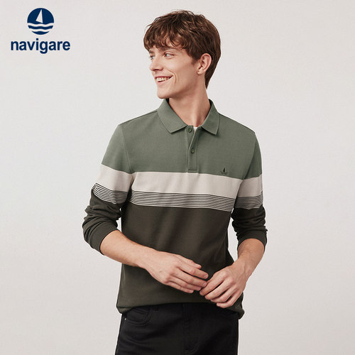 Navigare纯棉条纹长袖POLO衫