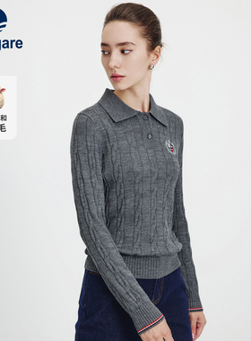 Navigare意大利小帆船灰色绞花羊毛衫女秋冬新款通勤翻领针织毛衣