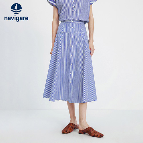 Navigare薄款条纹a字半身裙