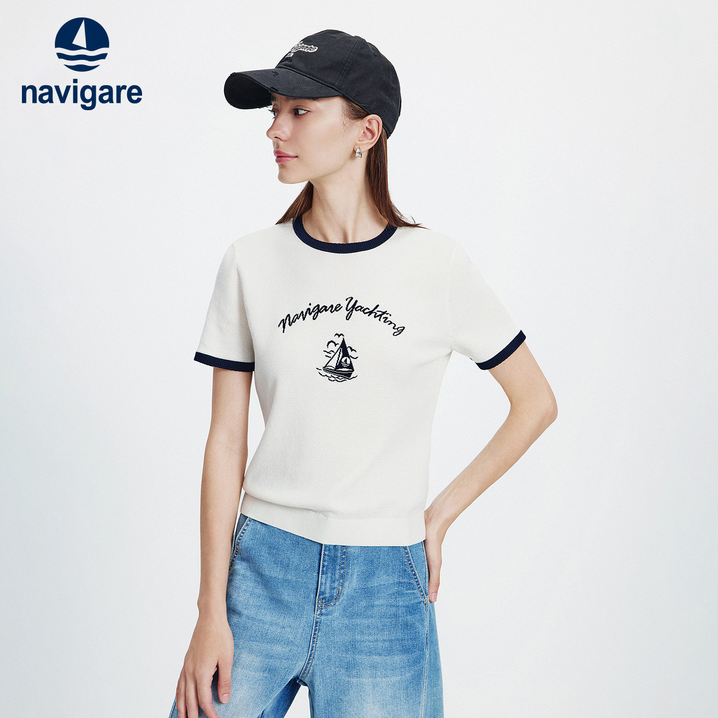 Navigare意大利小帆船白色基础圆领体恤衫女2026夏季休闲