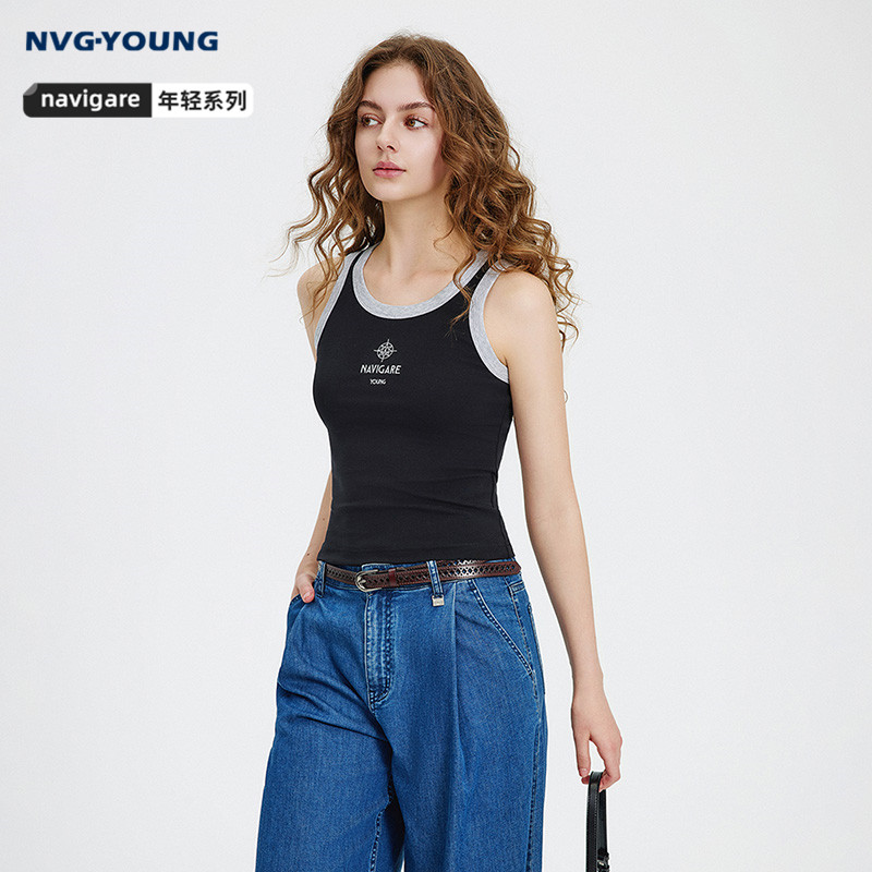 Navigare意大利小帆船黑色撞色背心女2026夏季莱赛尔无袖
