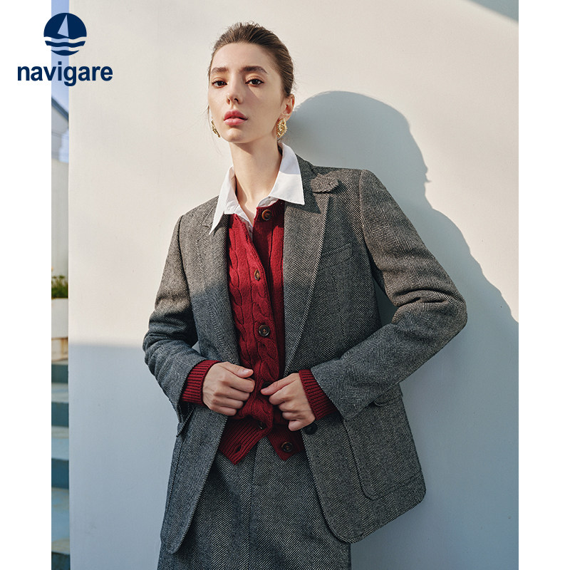 Navigare意大利小帆船高档羊毛人字纹西装女士秋冬通勤戗驳领西服