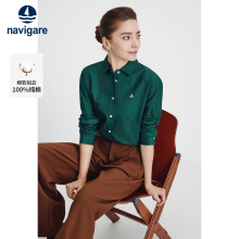 Navigare意大利小帆船绿色翻领纯棉衬衫女春秋季新款通勤长袖衬衣