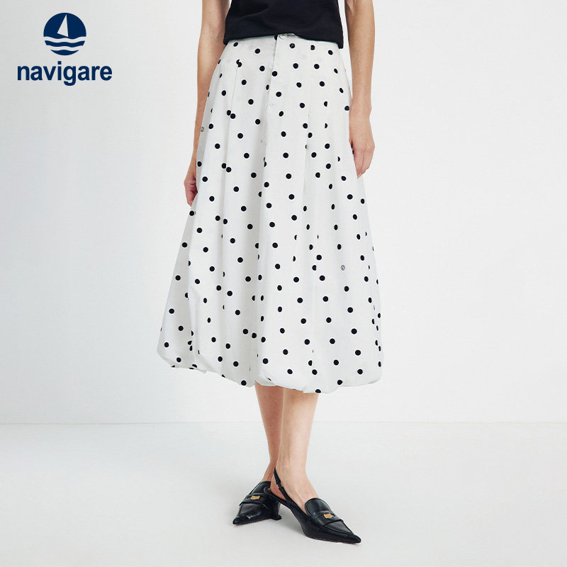Navigare意大利小帆船纯棉通勤半身裙女2026春夏茧型波点