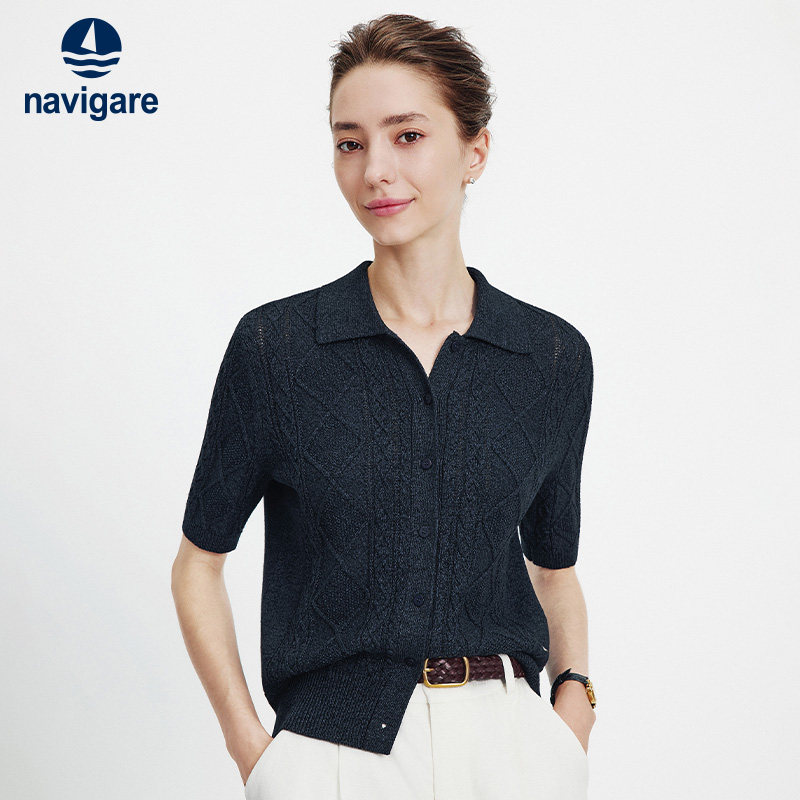 Navigare意大利小帆船时尚绞花针织衫女2026春夏新款翻领