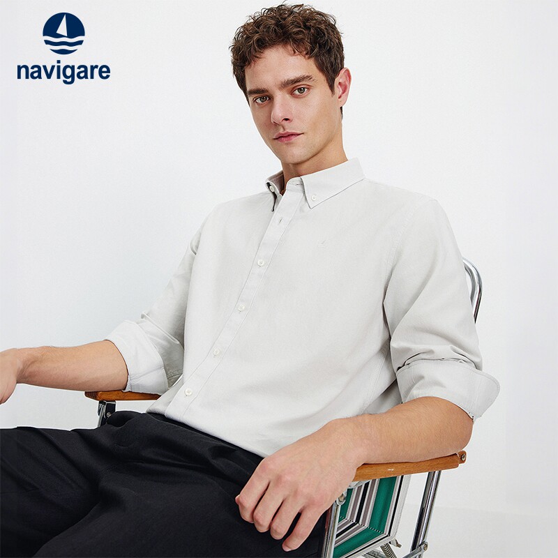 Navigare意大利小帆船浅灰色休闲衬衫男长袖2026春季纯棉绣花衬衣