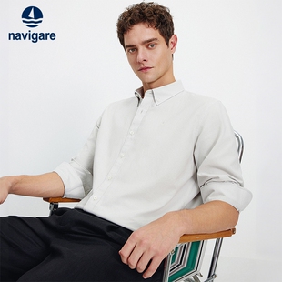 纯棉绣花衬衣 2026春季 Navigare意大利小帆船浅灰色休闲衬衫 男长袖