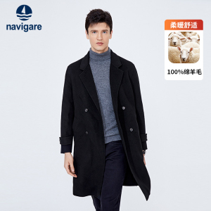 [纯羊毛]Navigare意大利小帆船休闲毛呢大衣男春季黑色中长款外套