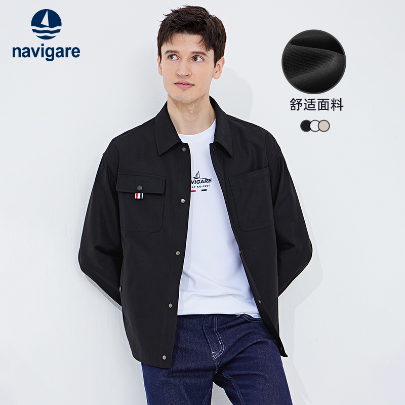 Navigare意大利小帆船休闲高级感衬衫夹克男秋季黑色工装翻领