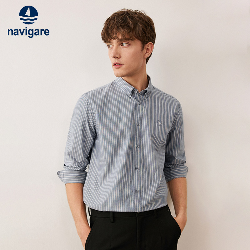 [纯棉]Navigare意大利小帆船秋季新款灰色条纹衬衫男长袖休