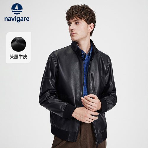 Navigare老钱风立领牛皮皮衣