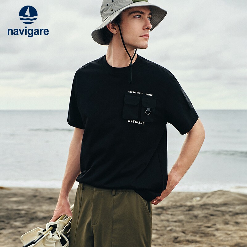 Navigare意大利小帆船黑色套头短袖T恤男2026夏季凉感宽