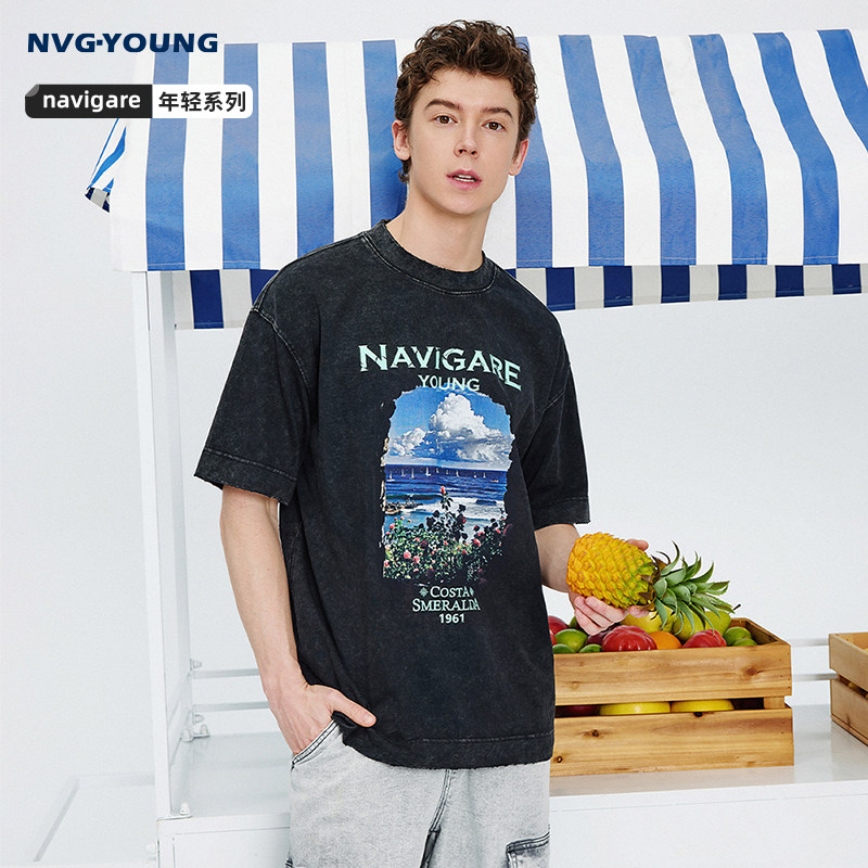 Navigare意大利小帆船黑色印花短袖T恤男士2026夏季纯棉