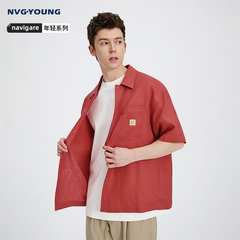 Navigare意大利小帆船红色亚麻衬衫男短袖2026夏季翻领衬