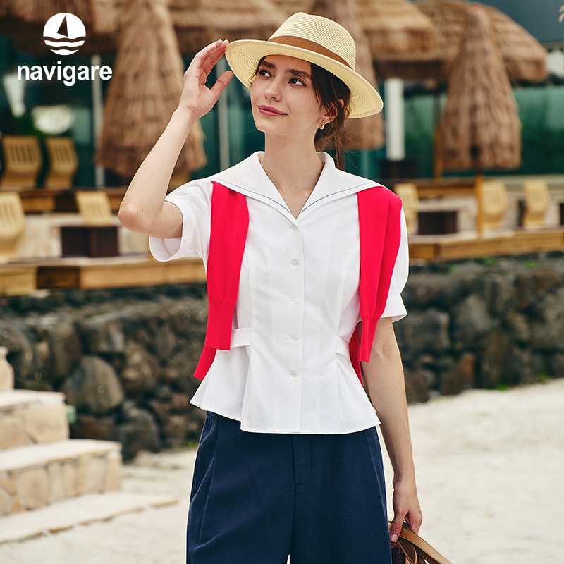 Navigare意大利小帆船海军领修身衬衫女士2026春夏通勤短袖衬衣