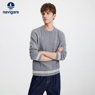Navigare意大利小帆船复古绞花毛衣男25秋冬新品 纯羊毛休闲针织衫