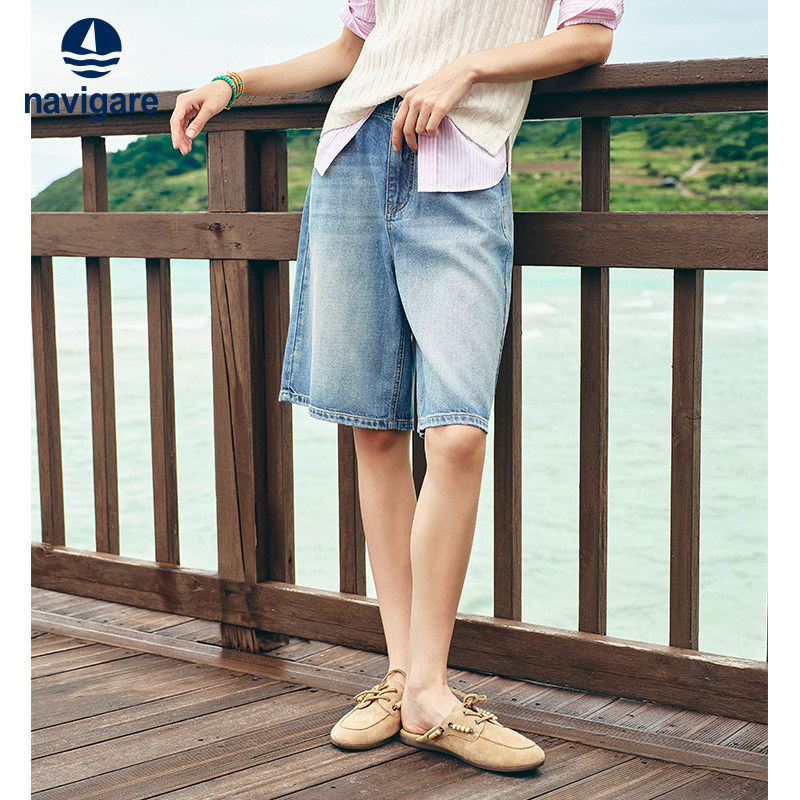 Navigare意大利小帆船棉麻五分牛仔裤女2026春季显瘦水洗