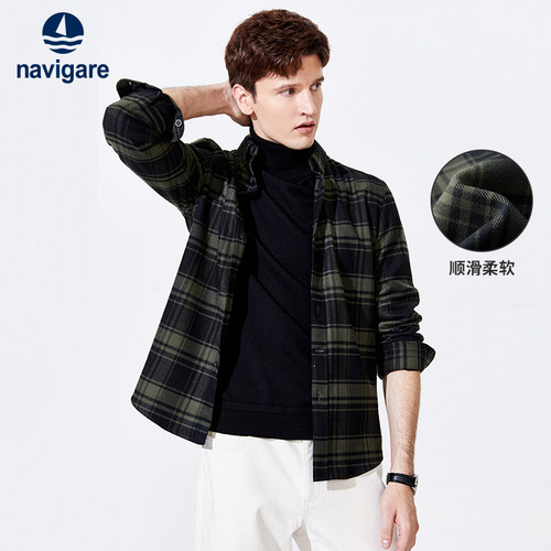 Navigare扣角领格纹复古衬衫
