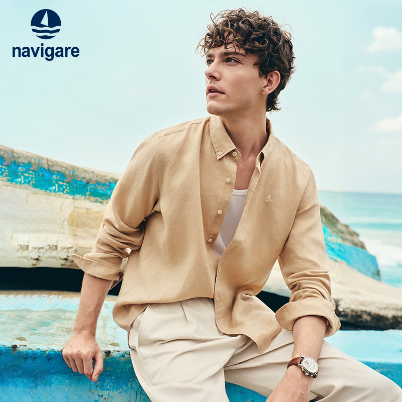 [亚麻]Navigare意大利小帆船卡其色长袖衬衫男2026春季
