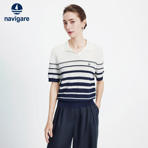 Navigare翻领条纹短袖针织衫