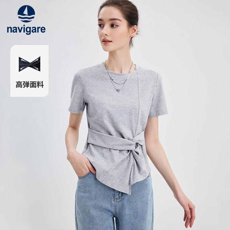 Navigare小帆船夏季新款灰色圆领体恤衫上衣女士气质休闲短袖T恤
