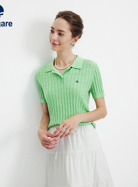 Navigare意大利小帆船绿色修身针织衫女2026春夏百搭短袖POLO衫