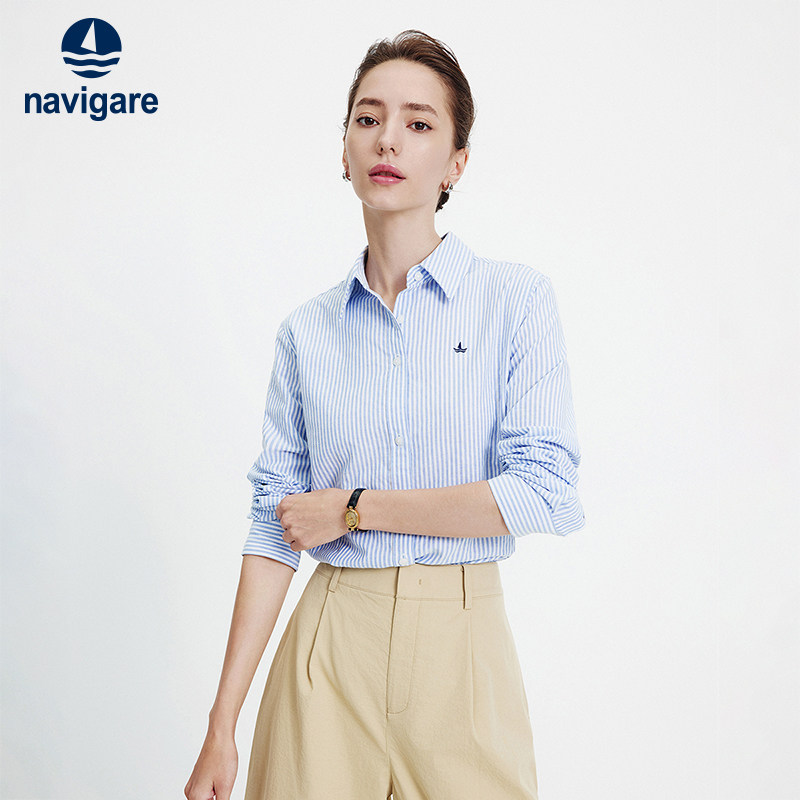 Navigare意大利小帆船蓝色条纹衬衫女2026春季亚麻休闲长