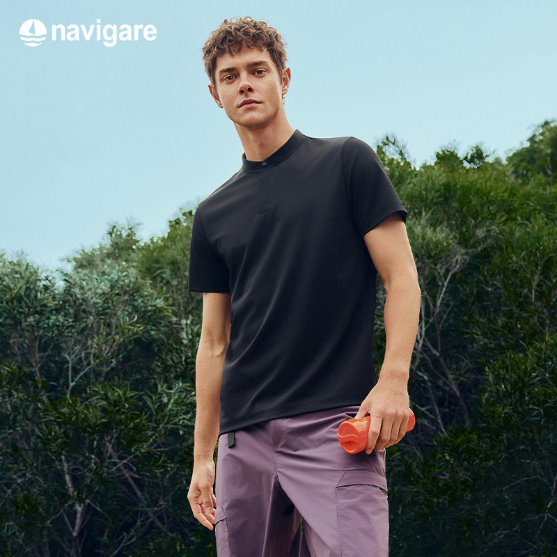 Navigare意大利小帆船速干立领短袖T恤男2026夏季户外黑