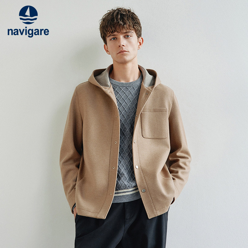 Navigare意大利小帆船老钱风羊毛夹克男25秋冬新款连帽羊毛