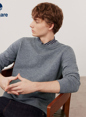 [纯羊毛]Navigare意大利小帆船灰色圆领毛衣男冬季休闲保暖针织衫