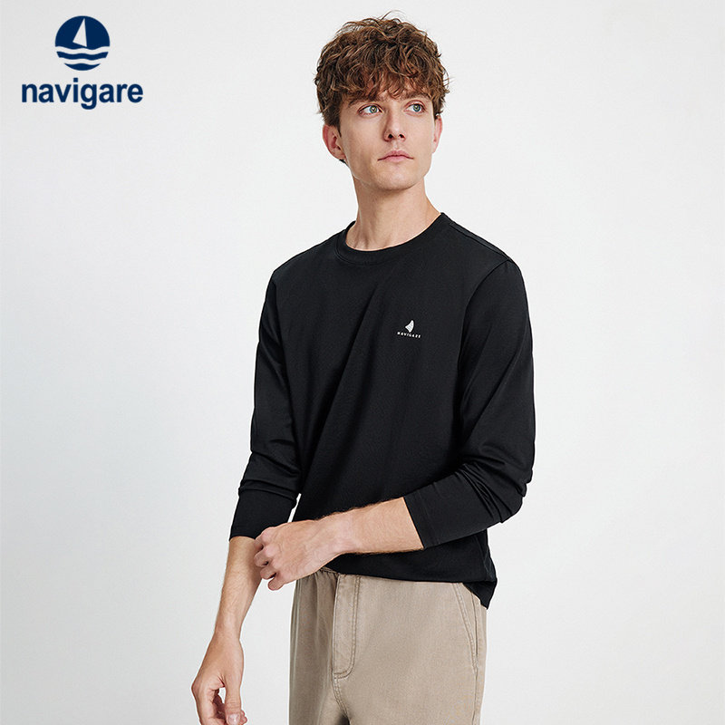 Navigare意大利小帆船黑色圆领长袖T恤男士春秋季新品休闲打