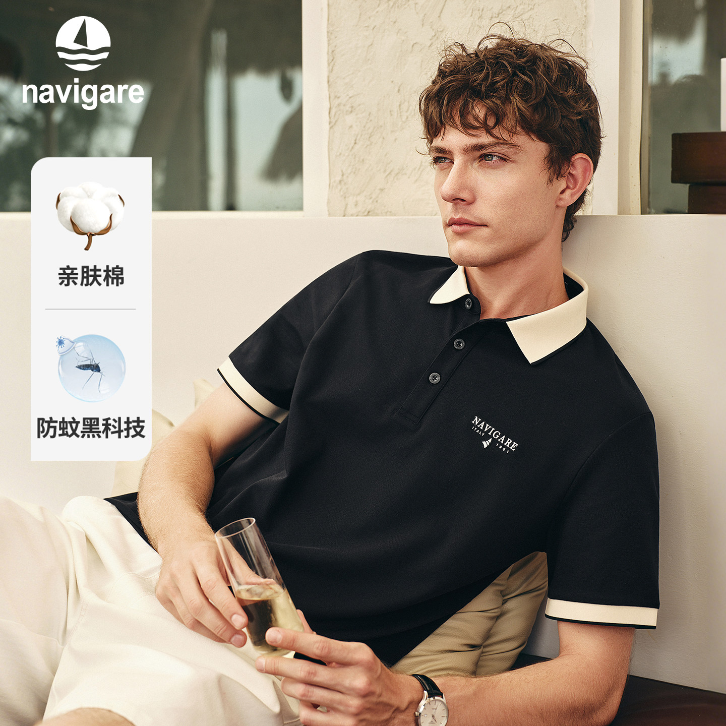 [防蚊]Navigare小帆船黑色短袖POLO衫男士夏季新款休闲翻领T恤衫