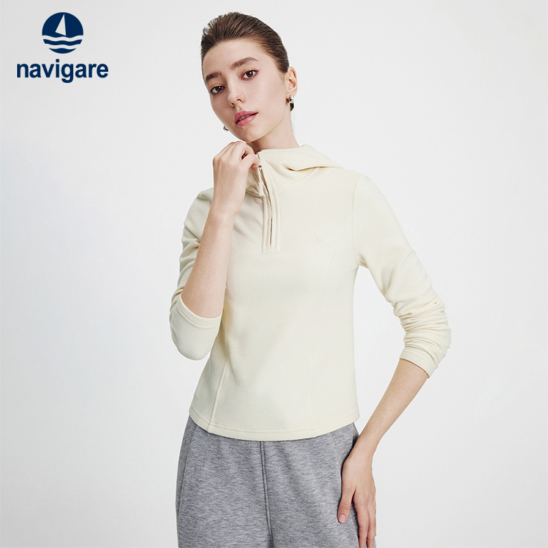 Navigare意大利小帆船白色连帽卫衣女25秋季新品修身运动长袖T恤