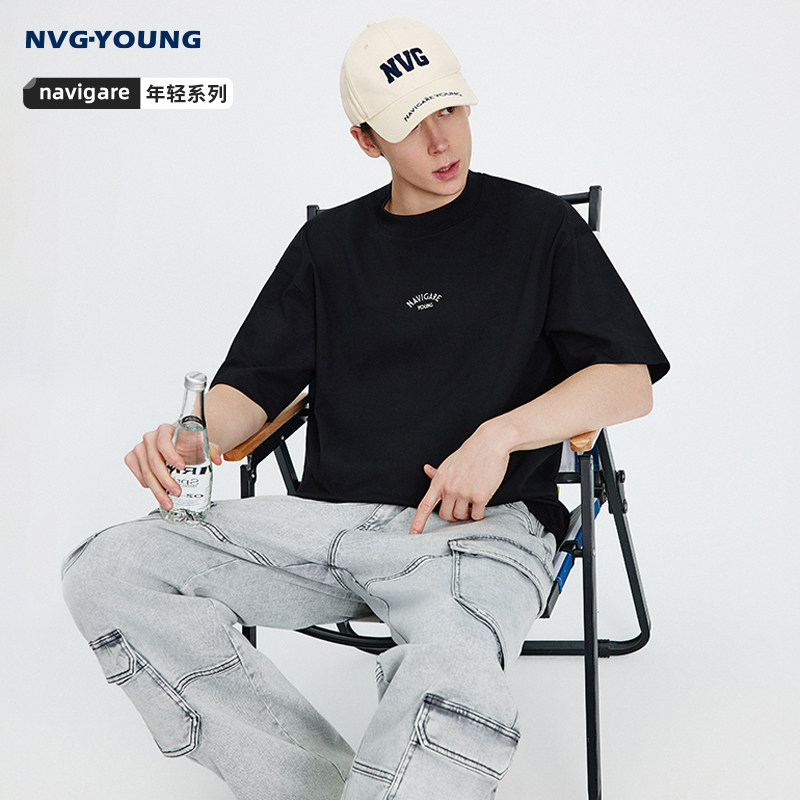Navigare意大利小帆船黑色圆领短袖T恤男2026春夏新款宽