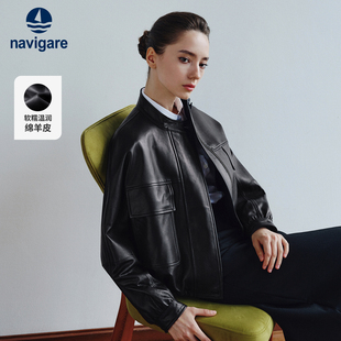 Navigare意大利小帆船黑色立领真皮皮衣女春秋季 落肩羊皮外套 新款