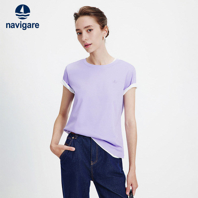 Navigare意大利小帆船紫色圆领短袖T恤女2026夏季纯棉百
