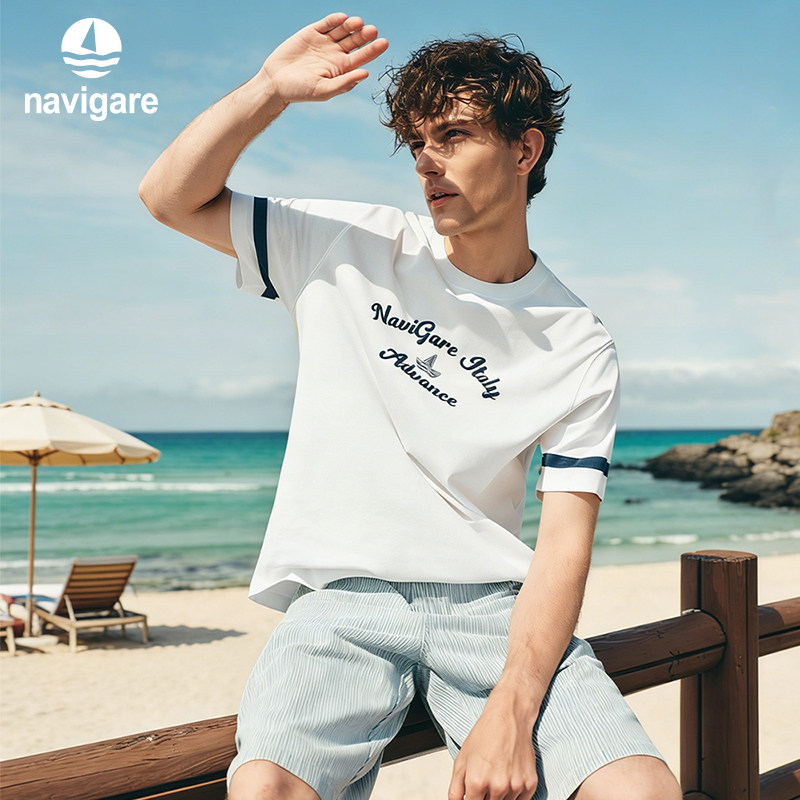 [凉感]Navigare意大利小帆船圆领纯棉T恤男2026夏季宽