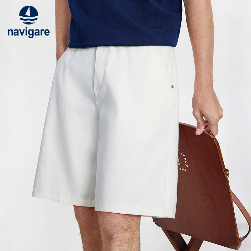 [防晒]Navigare意大利小帆船白色宽松牛仔短裤2026夏季休闲五分裤