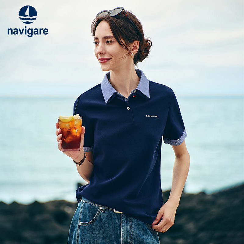 Navigare小帆船蓝色短袖通勤polo衫夏季新款户外休闲翻领T恤上衣