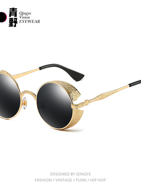 hiphop嘻哈复古圆形墨镜男士圆框美式港风古典雕花防风太阳眼镜女