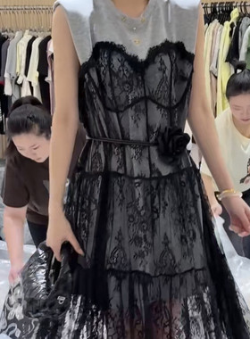 欧洲站2025春夏女DT.dong时尚圆领无袖拼蕾丝背心连衣裙女250682