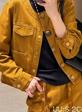 欧洲站2025秋季女v+.com单排扣夹克牛仔外套+半身裙两件套装65586