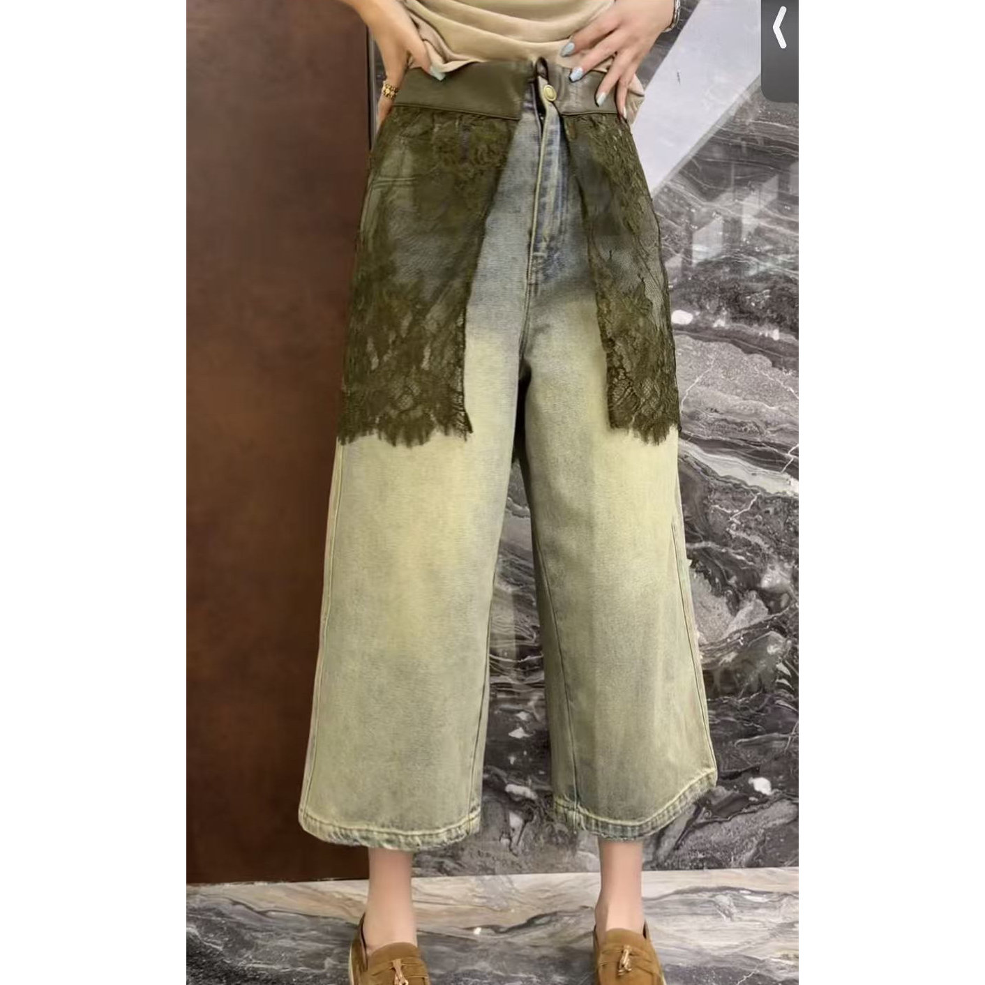 秋女高腰蕾丝显瘦阔腿牛仔八分裤