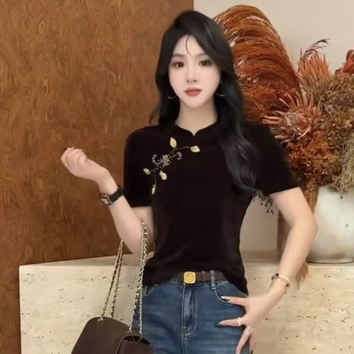 早秋新中式立领刺绣丝绒显瘦T恤