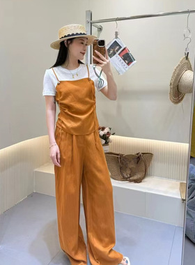 欧洲站2025夏DT.Dang时尚短袖天丝亚麻T恤阔腿裤两件套装女251002