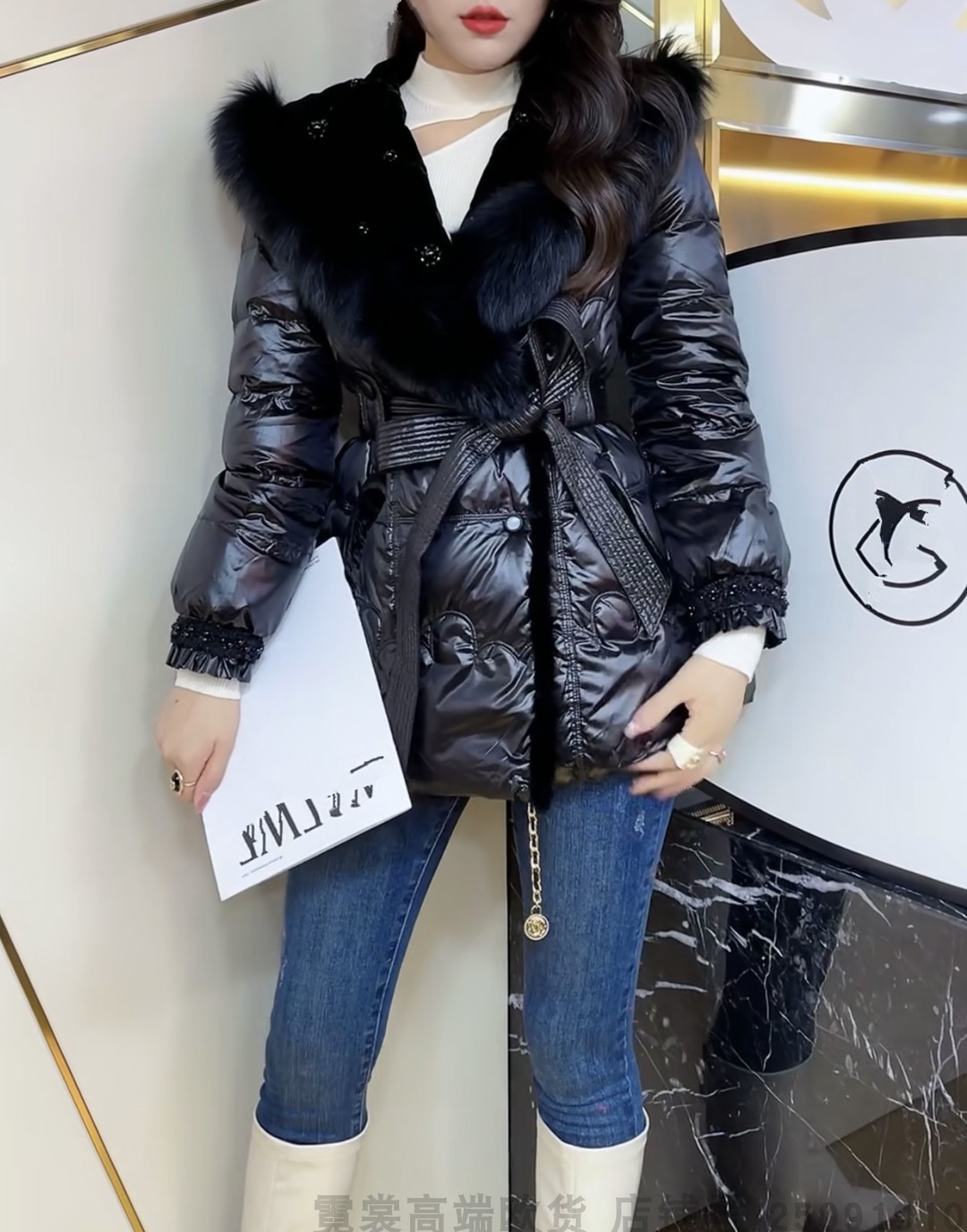 甜美海军领钉珠羽绒服外套修身