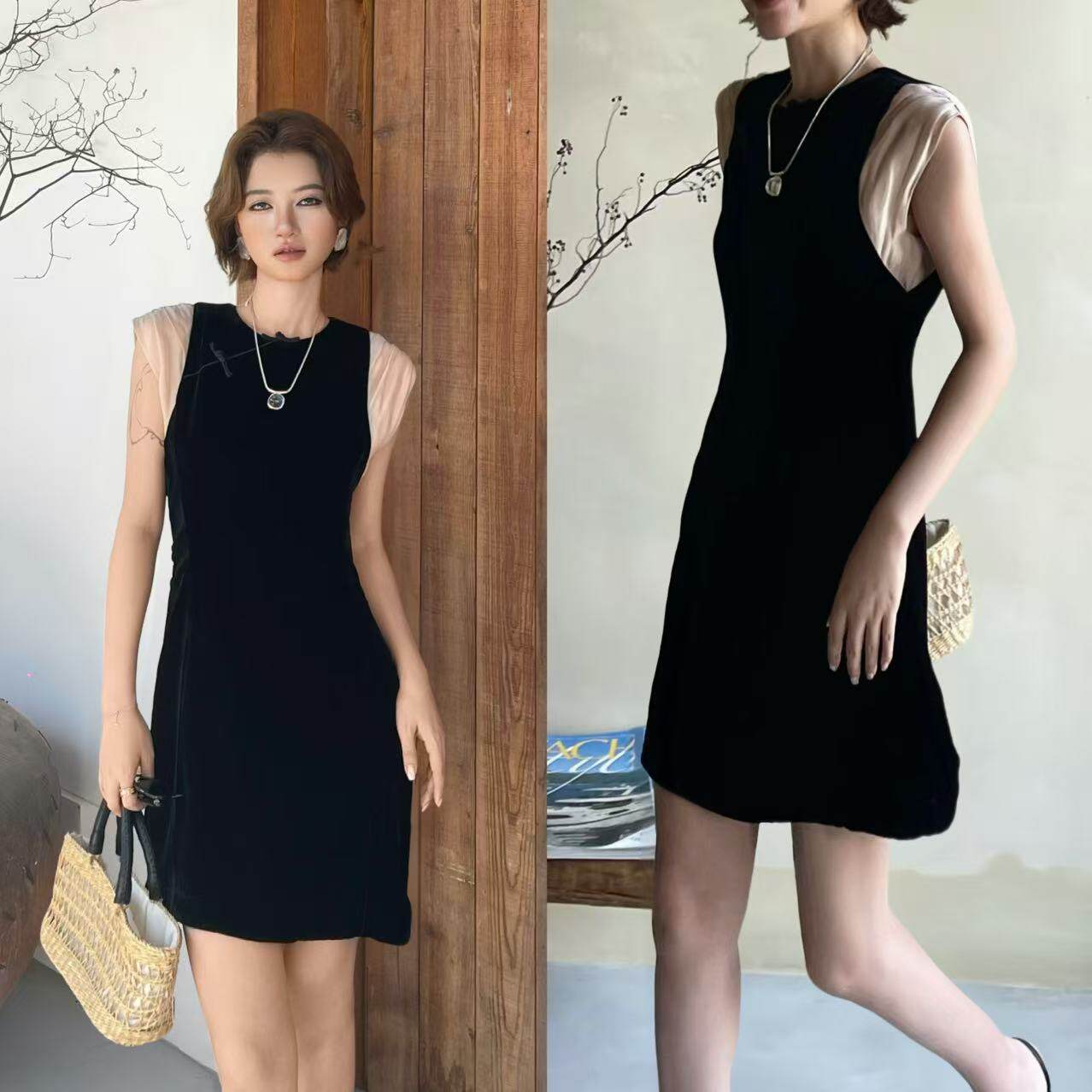 夏季V领修身收腰A字小黑连衣裙女