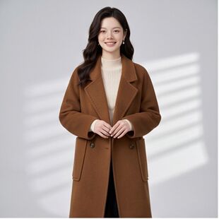 HS296-2026秋冬新款棕色羊毛双面呢大衣女显瘦通勤风衣外套时尚